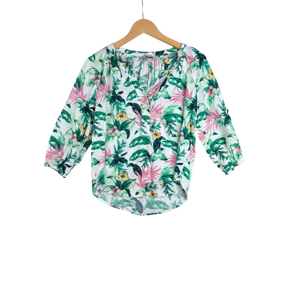 LOFT Women's Botanical Henley Blouse Green Pink Floral Size XS